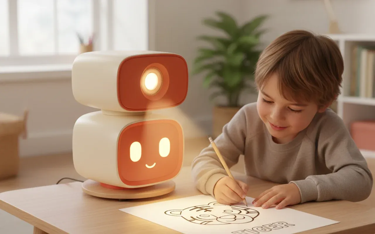 Hai Robo for Kids — voice companion with projector casting a tiger outline onto paper